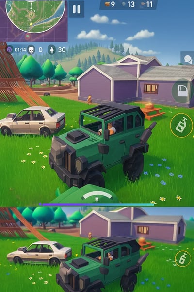 A green jeep is driving through a field.